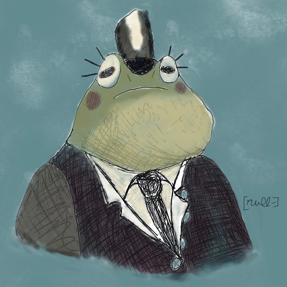 A drawing of a frog woman in a suit wearing a top hat