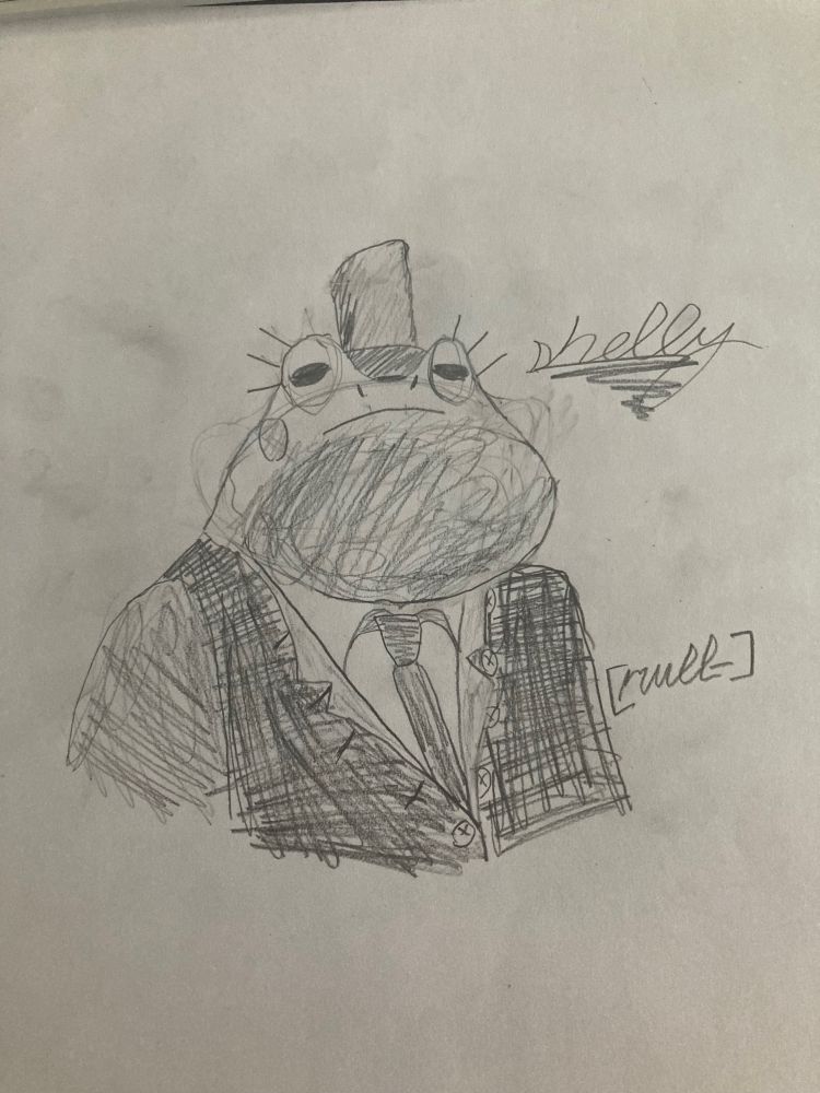 A pencil sketch of a frog woman in a suit in a top hat 
