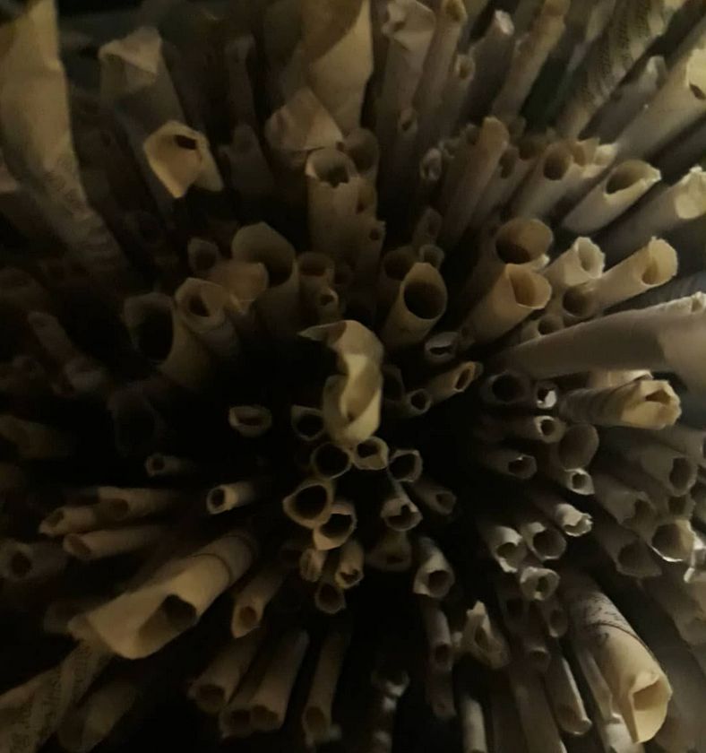 A close-up view of numerous rolled-up pieces of aged paper or parchment, tightly packed together. The ends of the rolls form a visually intricate pattern with varying sizes and shapes. The dim lighting and warm tones create a vintage or antique aesthetic.
