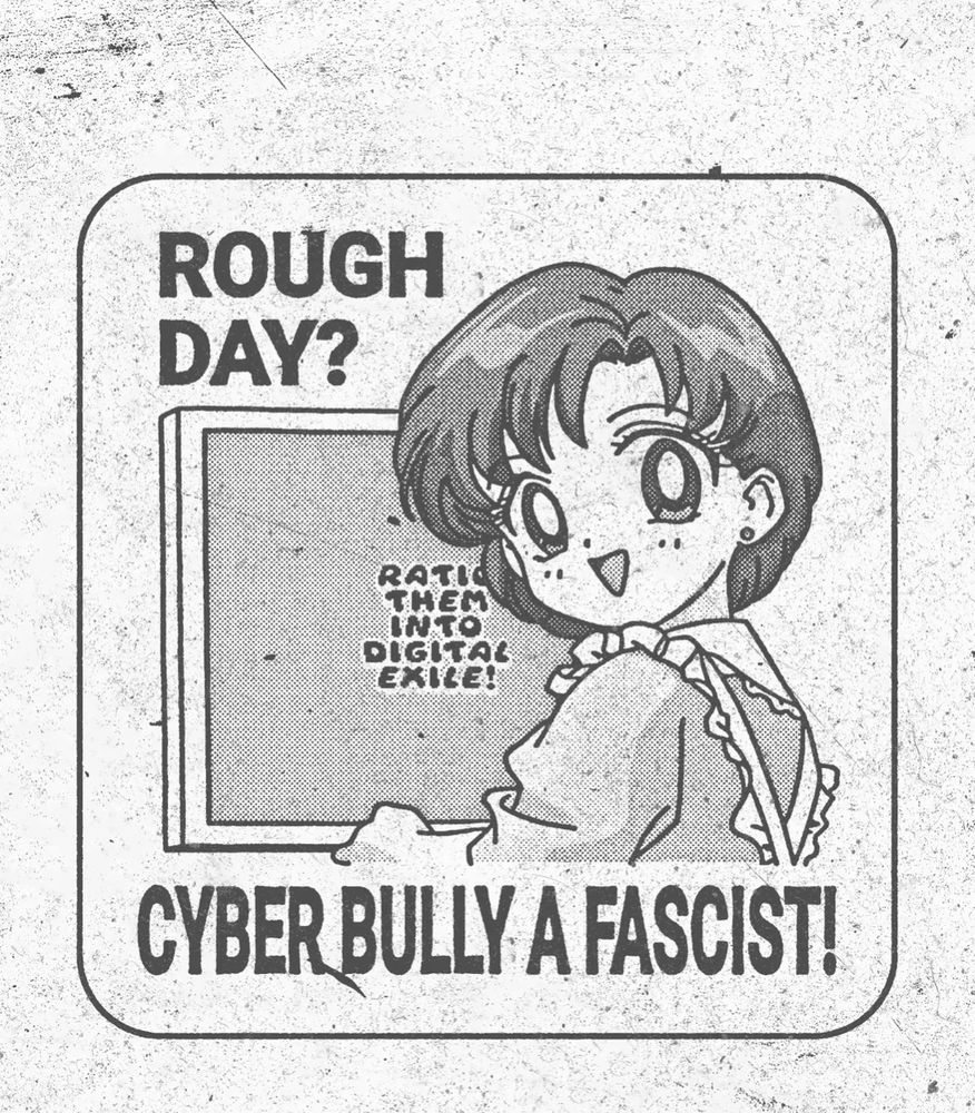 En bild med Sailor mercury som ser glad ut där hon säger: Rough day? Cyber bully a fascist! Memen är skapad av Usagiboots på instagram.