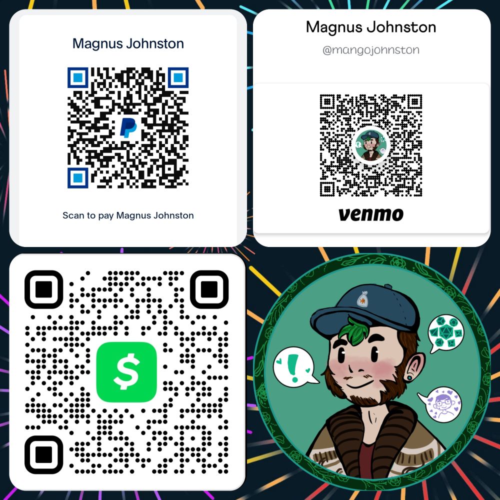 The QR codes for Mango's various money apps, along with the icon he uses on these apps. 

Top Left: PayPal 
Top Right: Venmo
Bottom Left: CashApp 
Bottom Right: Mango's social media icon. 
