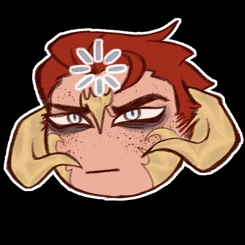 A make au'ra with red hair and freckles. Squinting super hard with a loading circle above his head. 