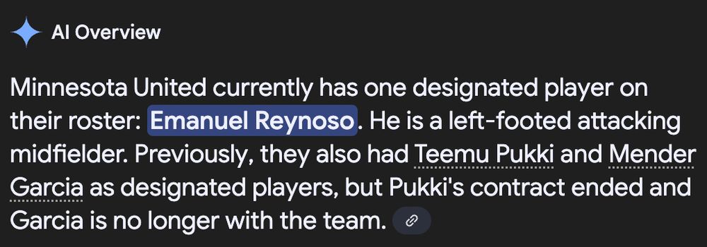 White text in a black box reading "Minnesota United currently has one designated player on their roster: Emanuel Reynoso. He is a left-footed attacking midfielder. Previously, they also had Teemu Pukki and Mender Garcia as designated players, but Pukki's contract ended and Garcia is no longer with the team."