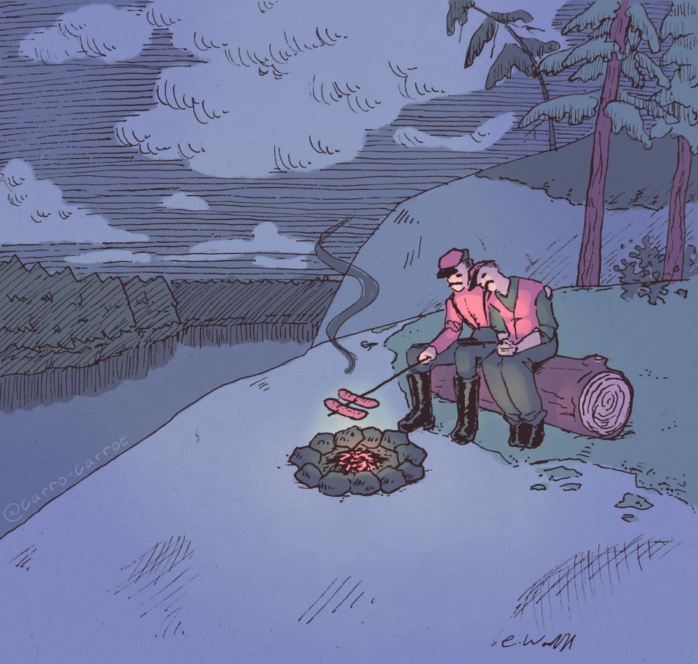 a grey cliff by a lake at night. there are pine trees and moss growing on the cliff. on the cliff are two men sitting on a log and grilling sausages over a fire, one leaning his head on the other's