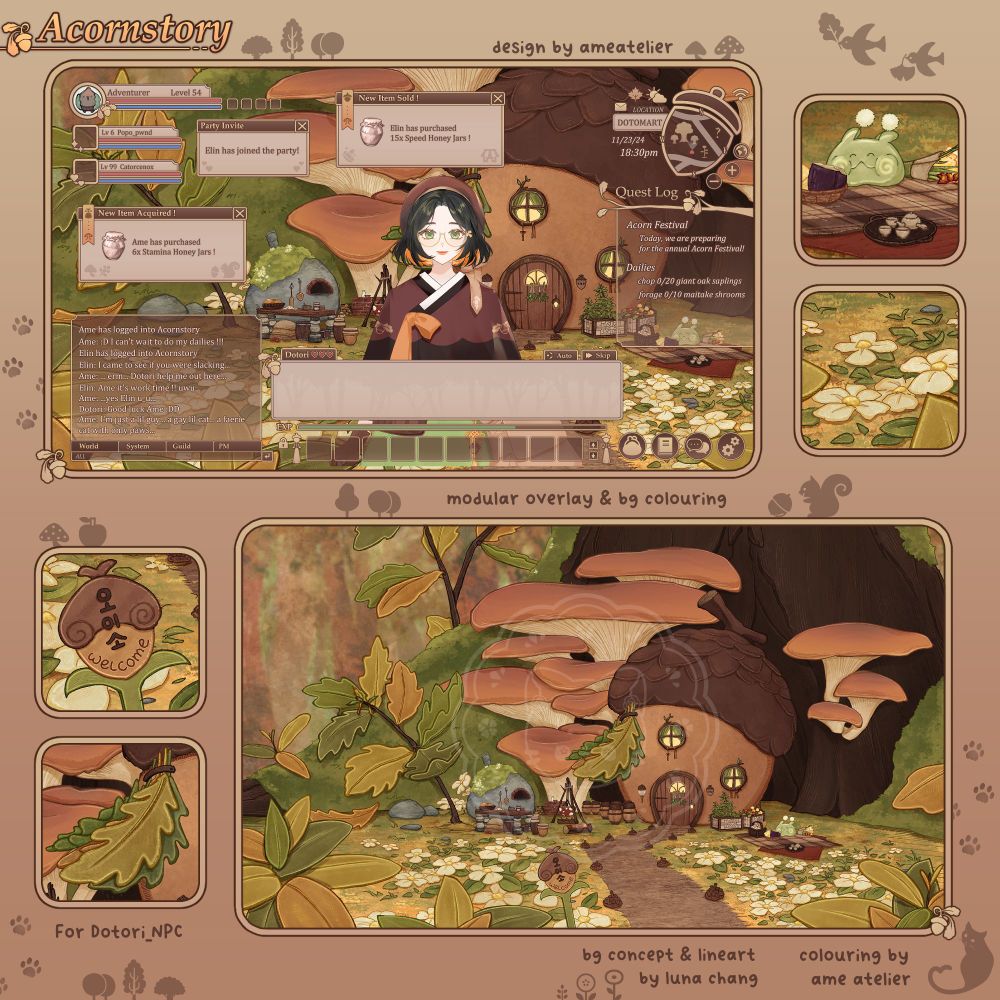 the overlay frame on the top left features a cutesy game ui interface full of golden acorn motifs

the background frame on the bottom right features a cozy yet enchanting autumnal forest where Acornstory's favourite NPC Dotori resides and conducts business! The shop itself is constructed from a large acorn. Lineart by Luna Chang