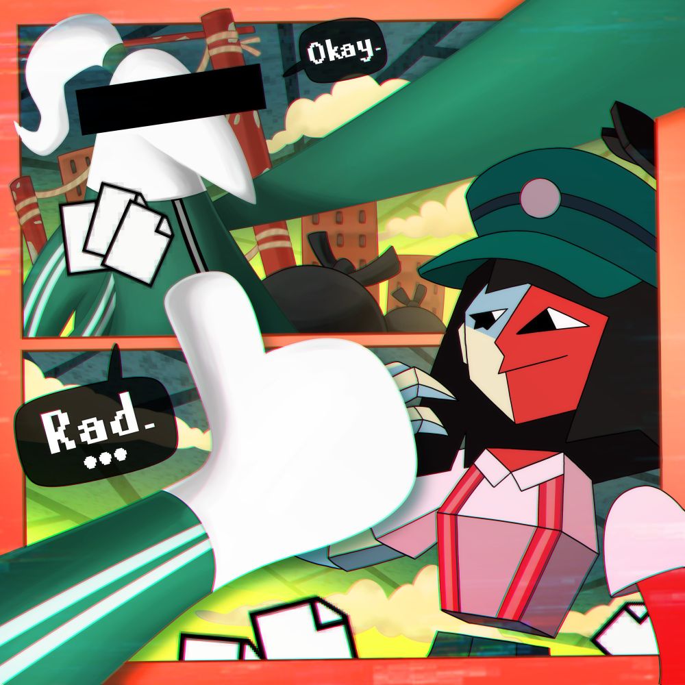 Fanart of the video game Ena Dream BBQ, showing the italian hoarder charater (a sort of white borzoi dog in a green track suit and a ponytail holfing file) giving a thumbs up to ENA, and saying "Okay, rad...".