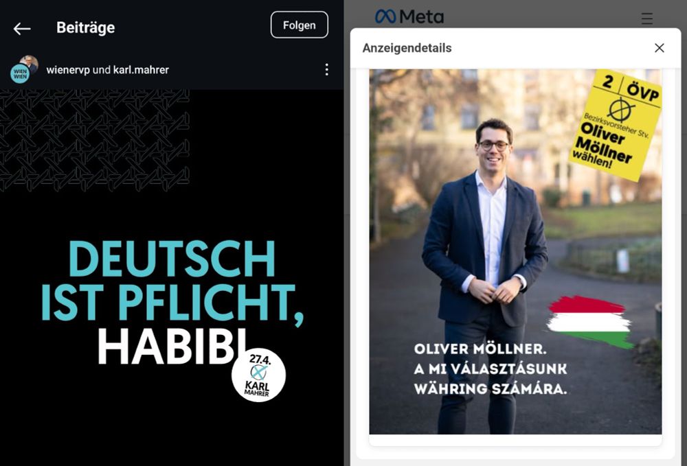 Gegenüberstellung der Werbung der ÖVP Wien: "Deutsch ist Pflicht, Habibi" und der ÖVP Währing die Werbung auf ungarisch macht.