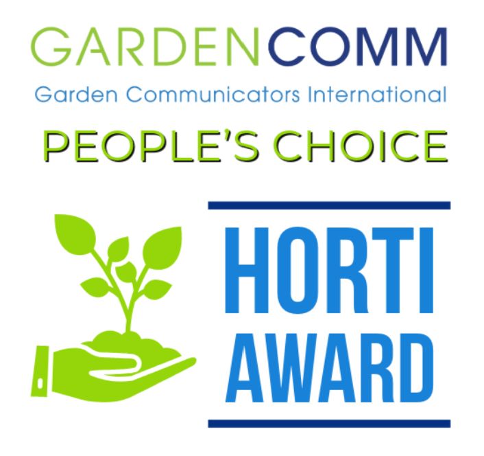 The Garden Communicators International People's Choice Horti Award logo shows a simple green hand holding a green plant in a palmful of soil.