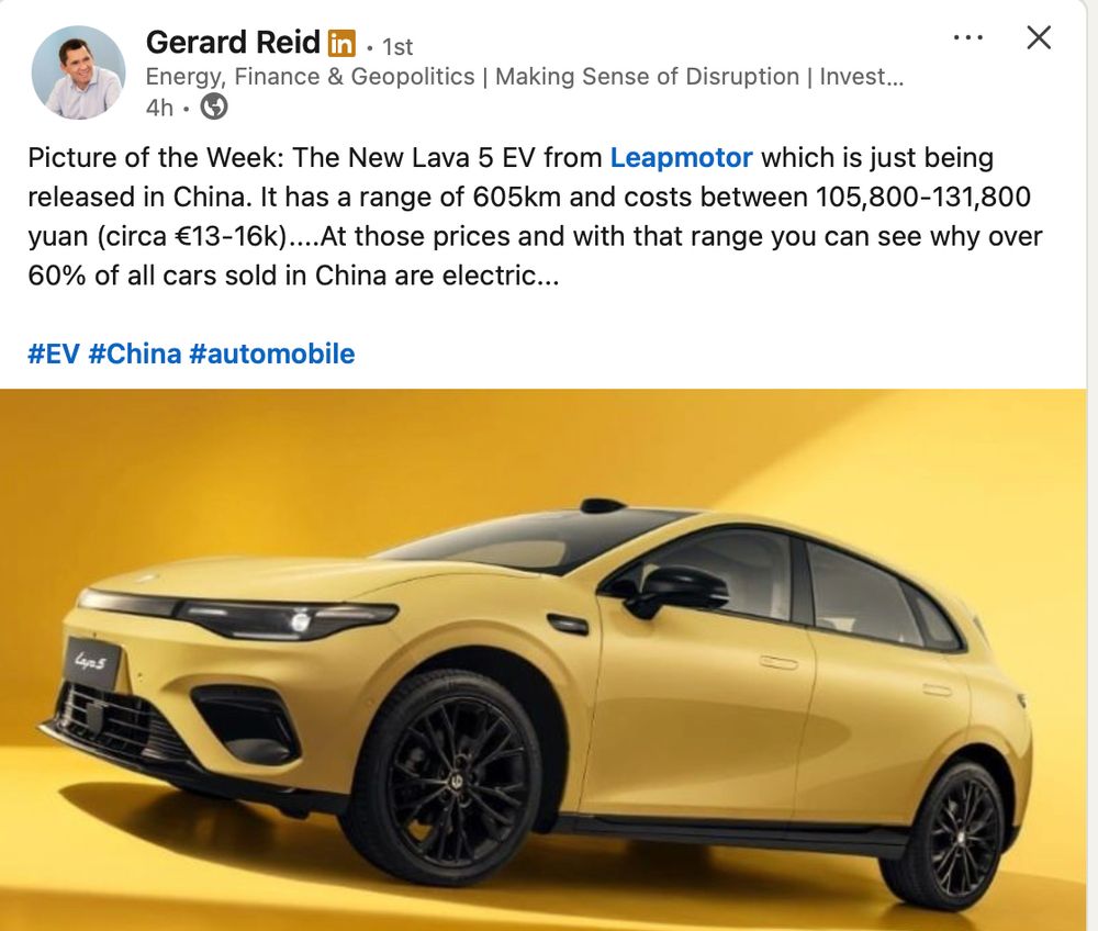 Picture of the Week: The New Lava 5 EV from Leapmotor which is just being released in China. It has a range of 605km and costs between 105,800-131,800 yuan (circa €13-16k)....At those prices and with that range you can see why over 60% of all cars sold in China are electric...