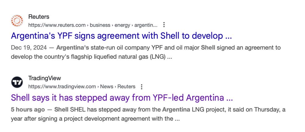 headline from dec 2024 announcing Shell and Argentina's major LNG export project. 

Headline from today saying Shell has "stepped away" from the project. 