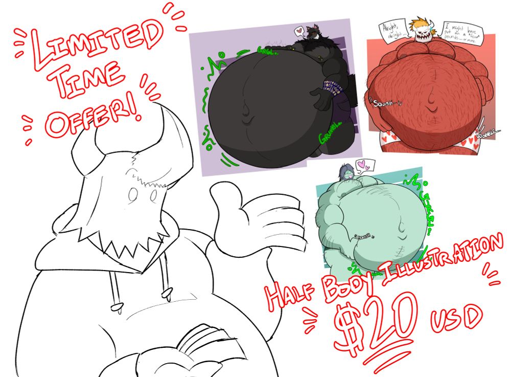 sona dude showing off the deal with some accompanying examples. text says "limited time offer" ,"half body illustration" and the price of $20 USD