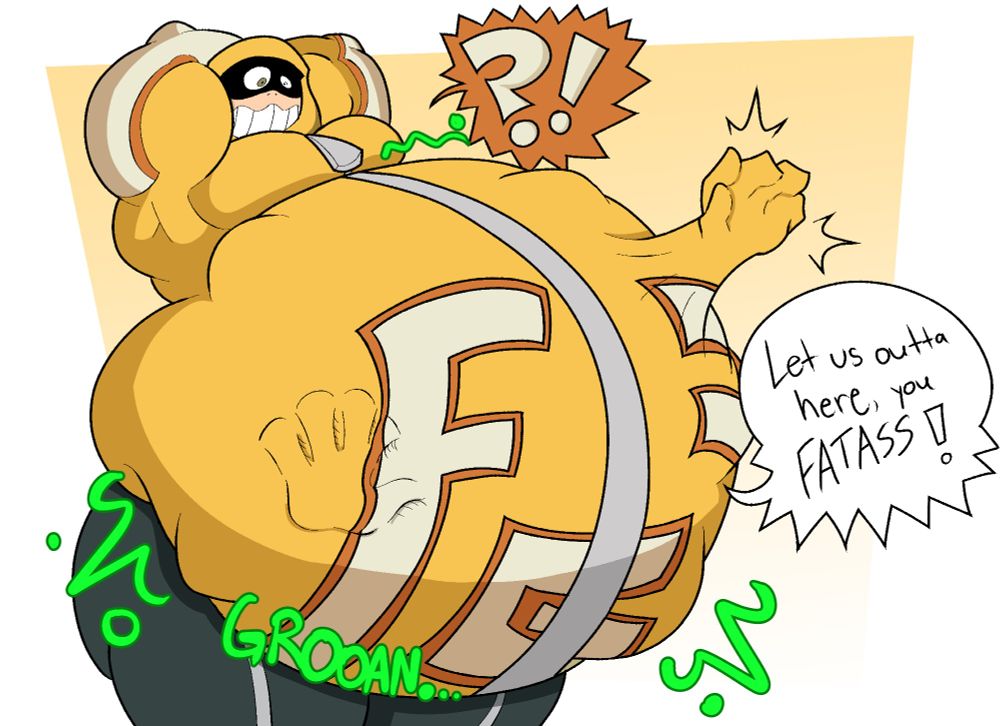 fatgum from mha with a huge gut after devouring some poor guy. his prey reaches out from his gut and demands to be let out