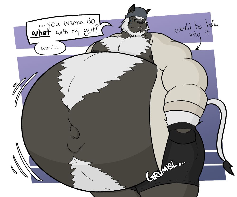 hrothgar with a large belly acting confused about someone's odd gut-related request. an arrow points to him revealing that he'd actually be hella into it. what a freak