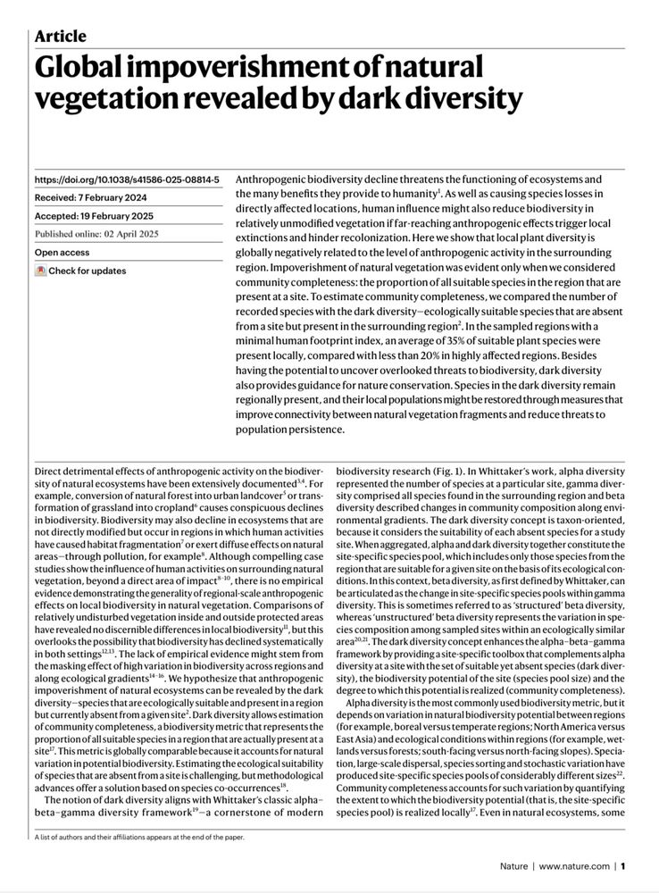 Pärtel, M., Tamme, R., Carmona, C.P. et al. Global impoverishment of natural vegetation revealed by dark diversity. Nature (2025). https://doi.org/10.1038/s41586-025-08814-5