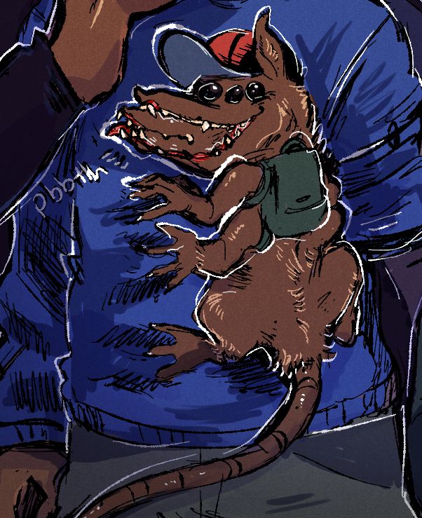 A close up crop of rat child clinging to Sam's shirt