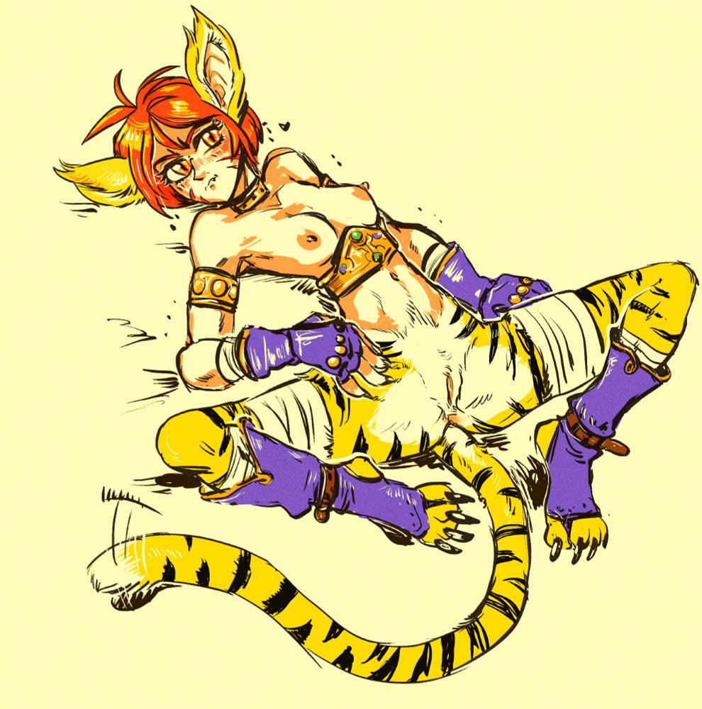 Katt from breath of fire 2 lying on her back with her legs spread open. She is blushing and looking impatient as her tail flicks. 