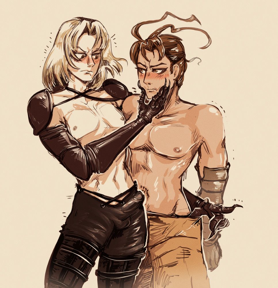 Sydney and Ashley from Vagrant Stories. Sydney has grabbed Ashley's face with one hand and is pulling down his shorts with another. They are both topless and blushing. Sydney is visibly hard.