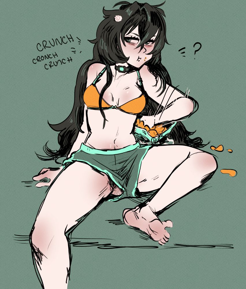 Trony eating chips in extremely loose shorts that show her pussy. She is making a mess with the chips and there are crumbs on her face and several chips on the floor.