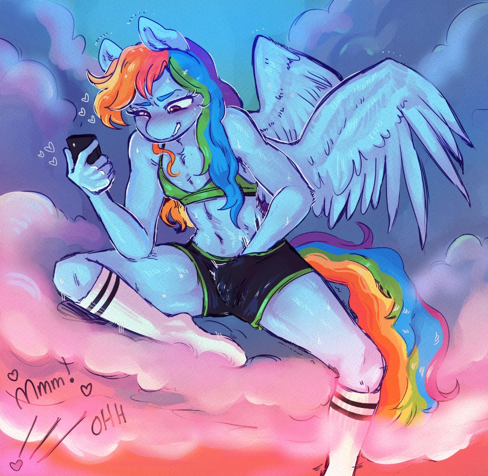 Anthro Rainbow Dash from my little pony sitting in the clouds masturbating. She has one hand down her shorts and the other has her phone out presumably recording the source of the sounds below.