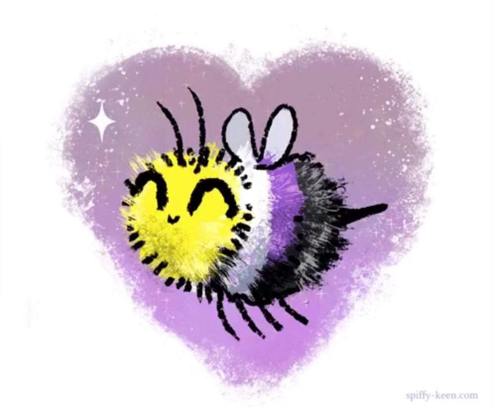 On a background of a light Purple Heart is a cartoon bumble bee in the colors of the nonbinary pride flag. It has a human looking face with closed eyes and a smiling mouth and tiny wings in its back. 