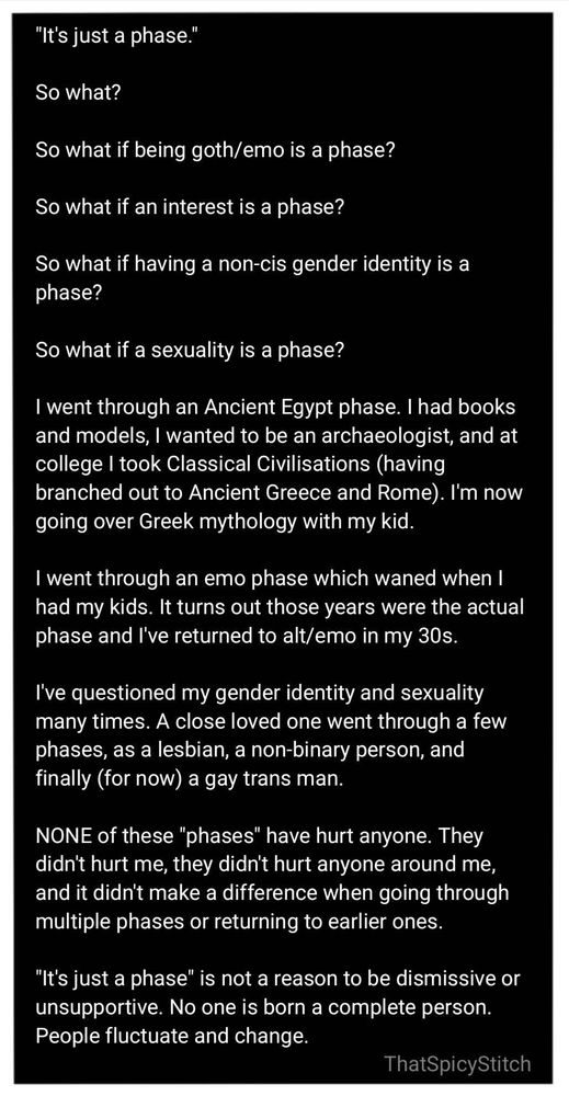 White text on a black background that says:
"It's just a phase."
So what?
So what if being goth/emo is a phase?
So what if an interest is a phase?
So what if having a non-cis gender identity is a
phase?
So what if a sexuality is a phase?
went through an Ancient Egypt phase. I had books
and models, I wanted to be an archaeologist, and at
college I took Classical Civilisations (having
branched out to Ancient Greece and Rome). I'm now
going over Greek mythology with my kid.
went through an emo phase which waned when
had my kids. It turns out those years were the actual
phase and I've returned to alt/emo in
my 30s.
I've questioned my gender identity and sexuality
many times. A close loved one went through a few
phases, as a lesbian, a non-binary person, and
finally (for now) a gay trans man.
NONE of these "phases" have hurt anyone. They
didn't hurt me, they didn't hurt anyone around me,
and it didn't make a difference when going through
multiple phases or returning to earlier ones.
a "It's just a phase" is not a reason to be dismissive or
unsupportive. No one is born a complete person.
People fluctuate and change.
ThatSpicyStitch
