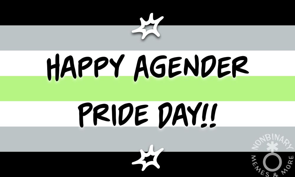 Ona a background of the agender pride flag (black, gray, white, light green stripes) is text that reads “HAPPY AGENDER PRIDE DAY!!”