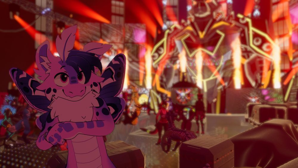 A VRChat screenshot showing the same character in the VRC world, being a superhero world themed dance club with red lights, simulated flames, and other characters in the background as the DJ performs. In the background there is a robot mech in the form of an anthropomorphic animal.
