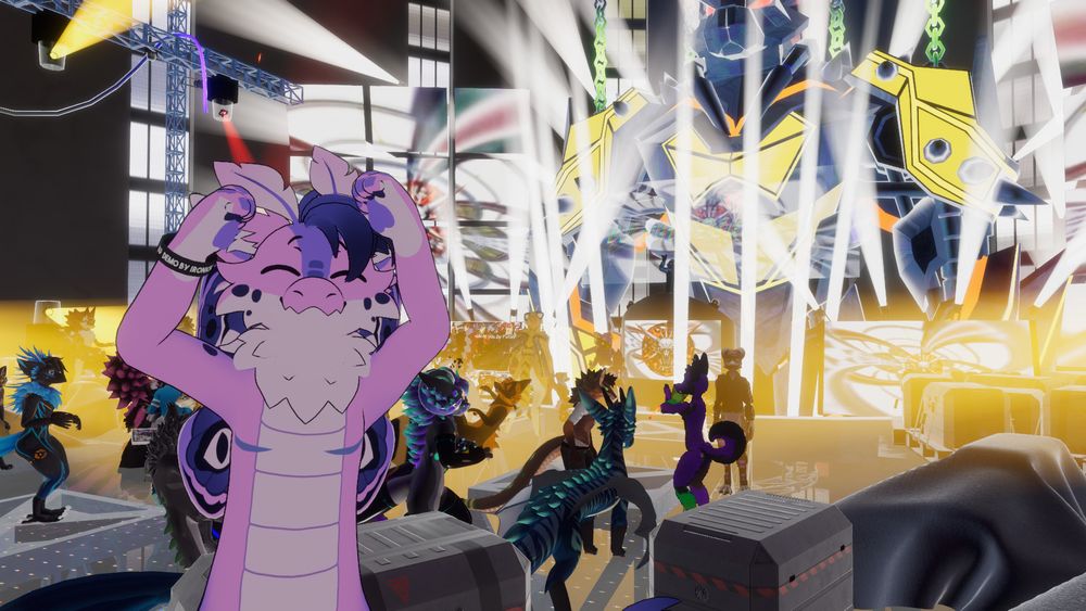 A VRChat screenshot showing the same character and scene, only this time the lights are white and yellow as they brightly shine upon the dance floor.