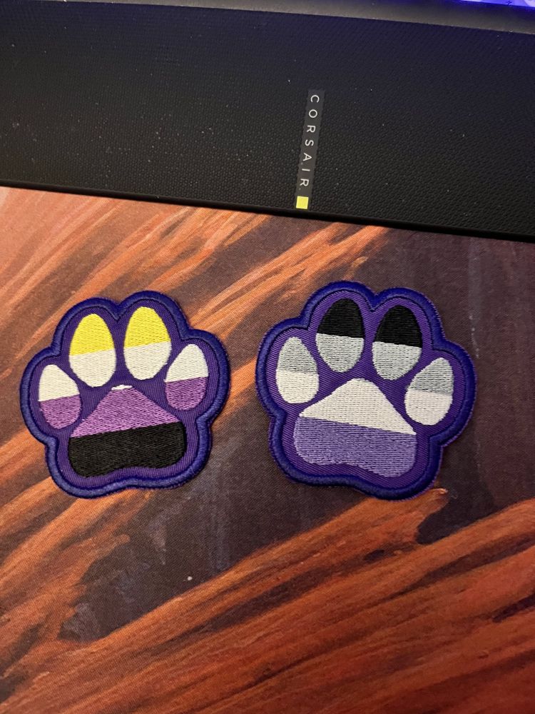 A photo showing two paw patches showing the nonbinary and asexual flags respectively
