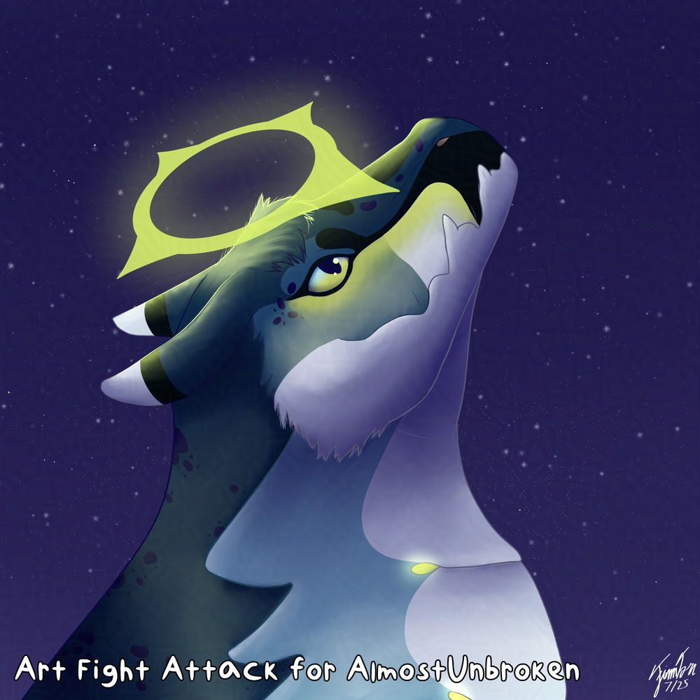 A bust artwork featuring a Rexal (a species that looks to resemble a dragon) named Lyricist as he looks up at the night sky. He is blue with some white patterns and few black patterns. He also has a glowing lime green pointed halo floating on top of his head.