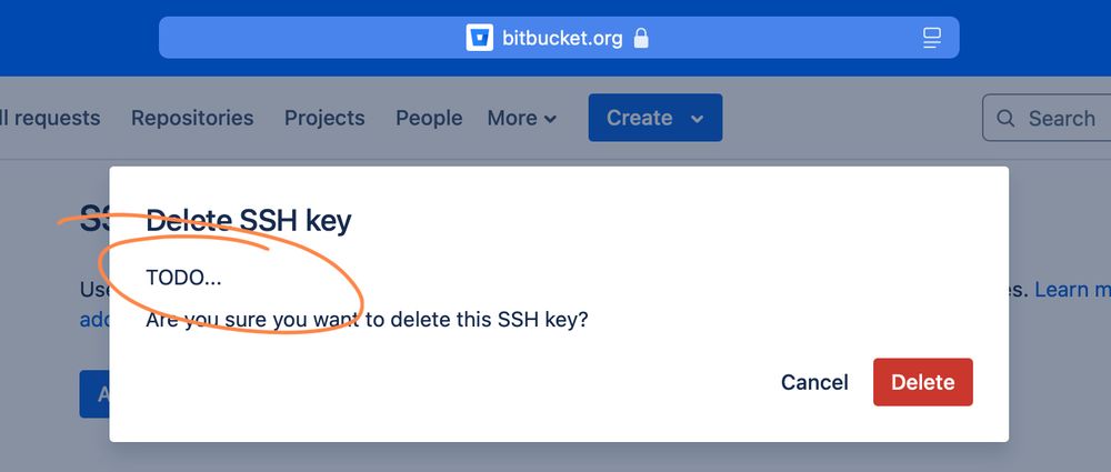 A popup dialog from BitBucket showing a "TODO" message.