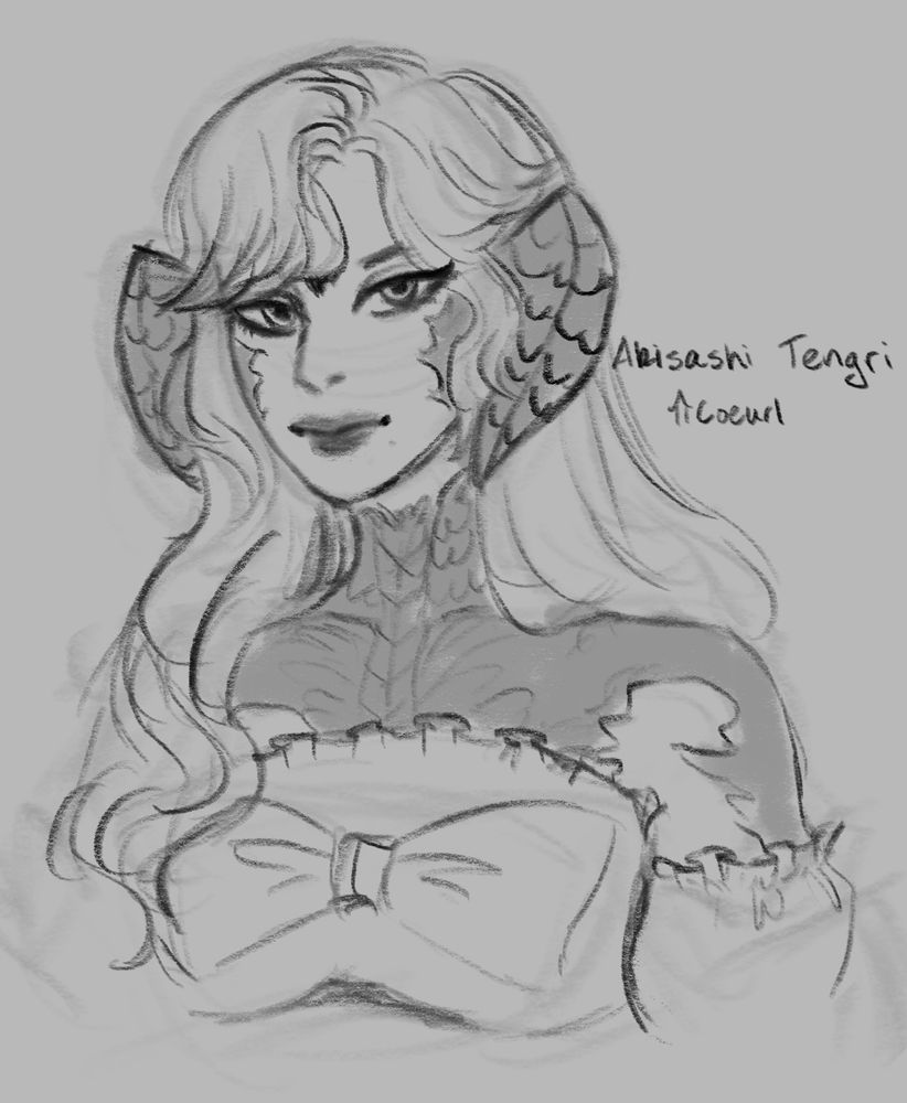 A black and white sketch of Akisashi Tengri, an au ra with long flowing hair and dark scales