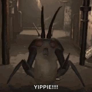 a spider with horns is standing in a hallway with the words `` yippie '' written on it .