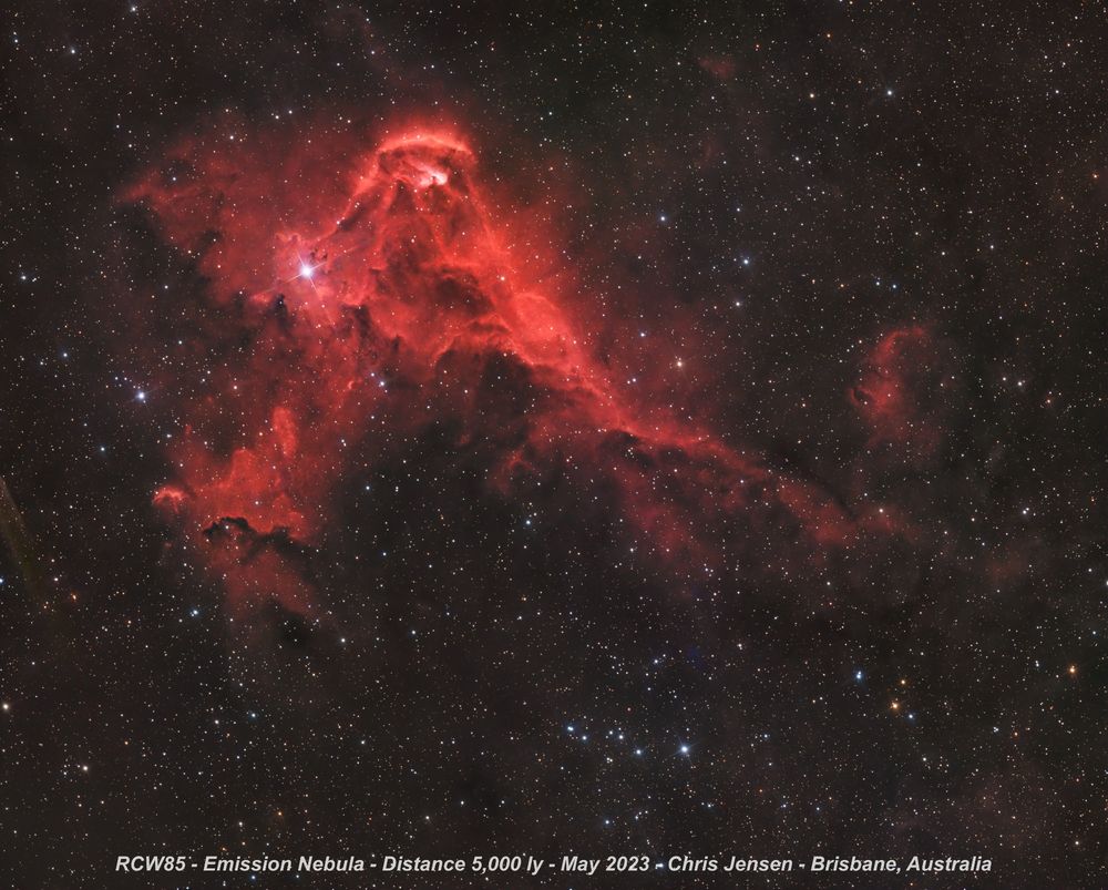 RCW 85 – A Chaotic Bubble in the Galactic Plane

RCW 85 is an emission nebula located in the constellation Centaurus, approximately 5,900 light-years from Earth. This turbulent H II region is shaped by intense ultraviolet radiation from nearby massive stars, which ionise the surrounding hydrogen gas and sculpt the nebula's structure. The bubble-like morphology and complex filaments suggest the presence of stellar feedback from winds or past supernova activity.

Also catalogued as G305.1+0.2, RCW 85 resides within a rich star-forming complex in the southern Galactic plane. The dominant emission in this false-colour image comes from doubly ionised oxygen (O III), with additional structure revealed in sulphur (S II) and hydrogen-alpha (Hα) wavelengths. Star colours are rendered using RGB broadband data to preserve natural hues.

Total Integration Time: 18.4 hours
• 🔴 S II: 96 × 240s
• 🔴 Hα: 77 × 240s
• 🔵 O III: 129 × 240s
• ⭐ R: 32 × 60s
• ⭐ G: 32 × 60s
• ⭐ B: 32 × 60s

Captured using:
• Telescope: 800mm Reflector
• Camera: ZWO ASI1600MM Pro
• Filters: Narrowband (S II, Hα, O III) for nebula, RGB for stars
• Mount: Sky-Watcher EQ6-R Pro
• Software: NINA, PixInsight