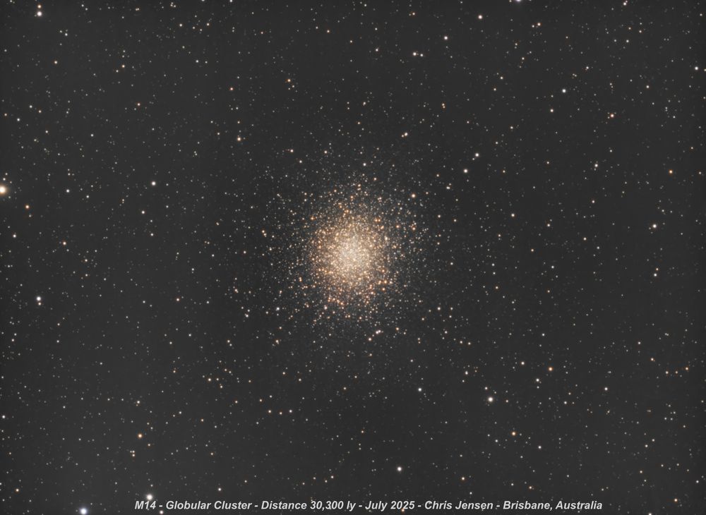 Messier 14 – Metal-Poor Globular Cluster in Ophiuchus

Messier 14 (NGC 6402) is a moderately concentrated globular cluster located in the constellation Ophiuchus, approximately 30,300 light-years from Earth. With an estimated age of ~13.25 billion years, it is a representative example of the old, metal-poor stellar populations that inhabit the Galactic halo.

The cluster spans about 100 light-years in diameter and contains several hundred thousand Population II stars. Its low metallicity ([Fe/H] ≈ –1.28) reflects a formation epoch early in the history of the Milky Way. M14 is classified as a Shapley-Sawyer Class VIII cluster and exhibits a relatively diffuse outer halo surrounding a dense core.

More than 70 RR Lyrae variable stars have been identified within the cluster, making it useful for refining distance measurements through the period-luminosity relation. In 1938, a nova event was recorded on photographic plates, one of the few confirmed nova eruptions within a globular cluster.

Imaging Details:

Telescope: Celestron EdgeHD 8"
Camera: ZWO ASI1600MM Pro
Filters: ZWO Red, Green, Blue (36mm)
Exposure:
Red: 96 × 60 sec
Green: 90 × 60 sec
Blue: 90 × 60 sec
Mount: Sky-Watcher EQ6-R Pro
Software: NINA (acquisition), PixInsight (processing)

This image resolves the core and extended halo of M14 in broadband RGB. The cluster’s structure and variable population contribute to studies of globular cluster dynamics, distance calibration, and the early chemical evolution of the Milky Way.