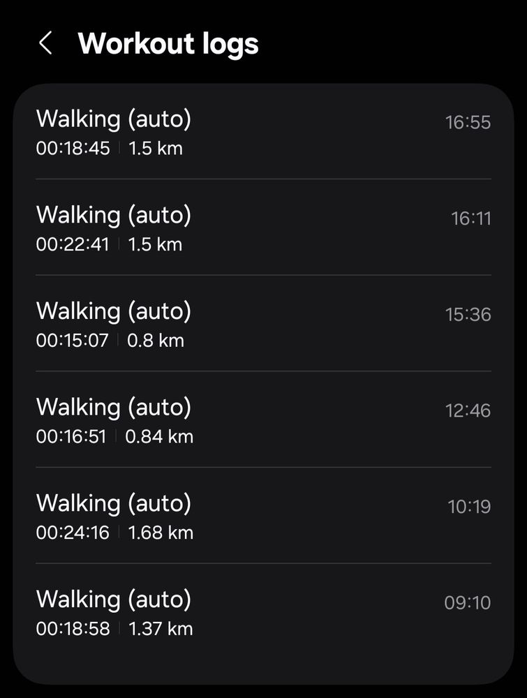 photo of six recorded workout logs between 0.8 km and 1.68 km and between 9 am and 5 pm