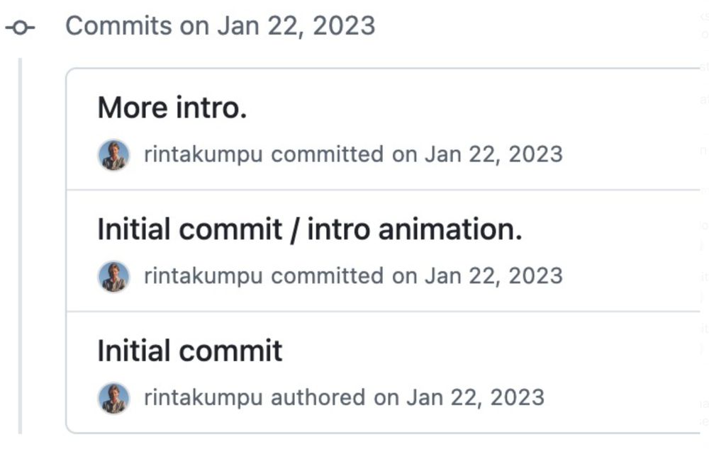 Screenshot of the first Github commit messages of the game.