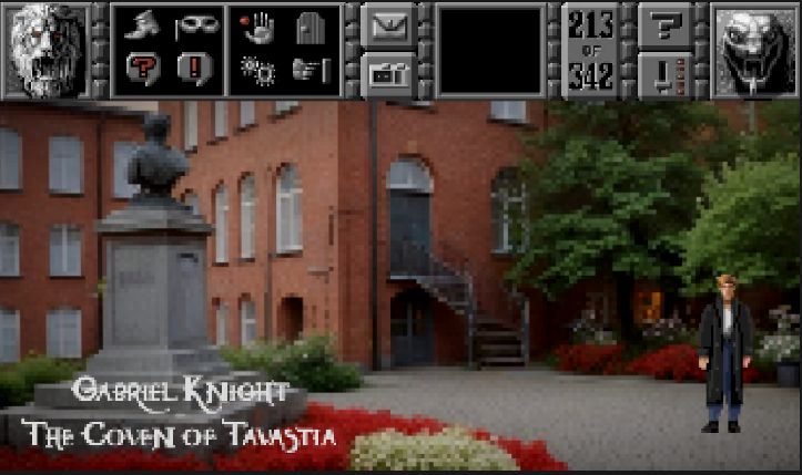 Original 1993 Gabriel Knight UI and protagonist pixel art set in a pixel art depiction of old weaving mill in Forssa, Finland.