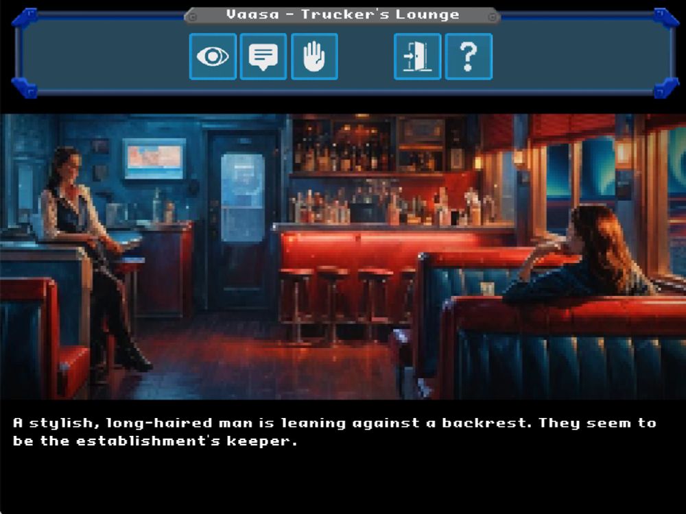Screenshot of the game Trucker 2056, showing a moody bar with its keeper and a patron, with a point-and-click interface.