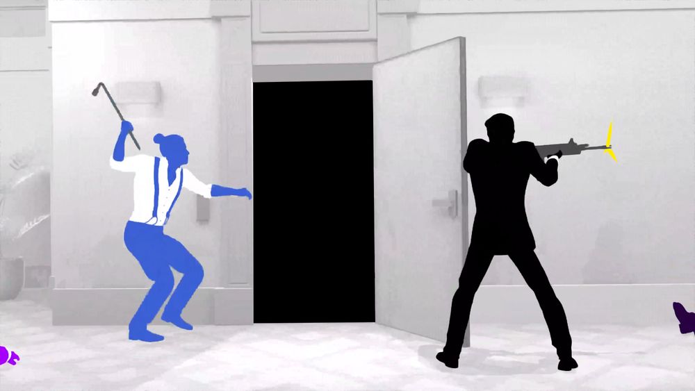 fights in tight spaces. 
agent 11 is shooting a gun facing the right side of the screen and a blue enemy on the left is running towards agent 11's back with a crowbar. Between them is a open door that's transparent. Looking blank.
