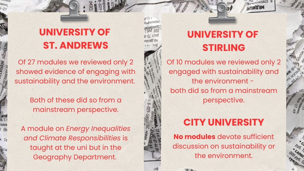 Background is a collage of newspaper clippings on top are clipboards with text about University of St. Andrews, City Uni and Uni of Sterling failing on climate. Of the 27 modules we graded at St Andrews only 2 discussed sustainability and the environment and both did so from a mainstream perspective. At Sterling of the 10 modules only 2 did and both did from a mainstream perspective. At City no modules covered these subjects.