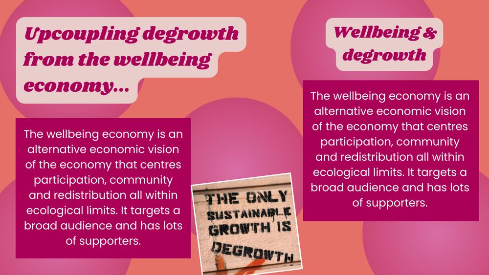 Pink background with pink circles and text saying: "The wellbeing economy is an alternative economic vision of the economy that centres participation, community and redistribution all within ecological limits. It targets a broad audience and has lots of supporters. It draws a lot of ideas from the post-growth movement. There’s an idea that by centering wellbeing more people will be brought onboard than if it had an ‘ideology-based’ name - ie degrowth." Beside is a photo of graffiti that says 'the only sustainable growth is degrowth'.
