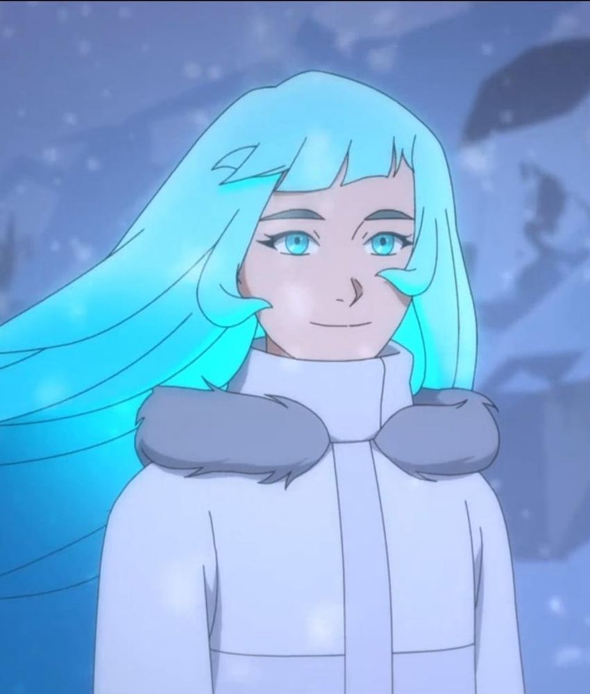 Screenshot of a certain character from the TV show “Pantheon” (trying to avoid spoilers). She has long, vivid cyan hair with bangs swept to the side. She’s wearing a white coat in this screenshot, but her main design has a futuristic white dress with cyan highlights. 