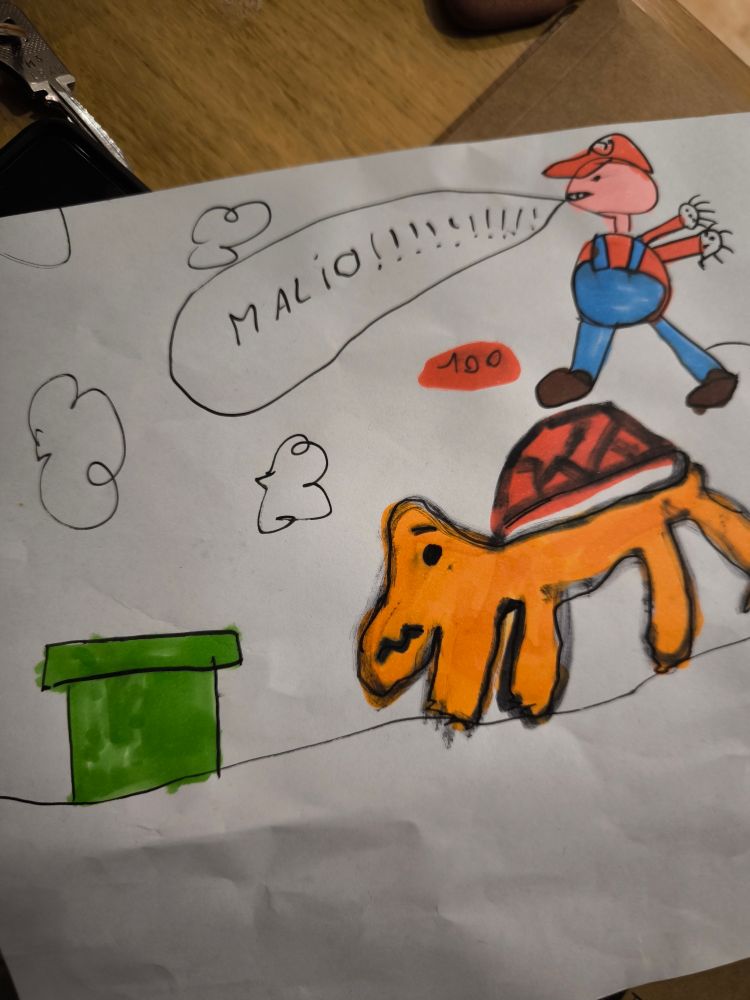 Dessin de Mario qui saute par dessus une carapace il y a une bulle qui dit Malio !!!!