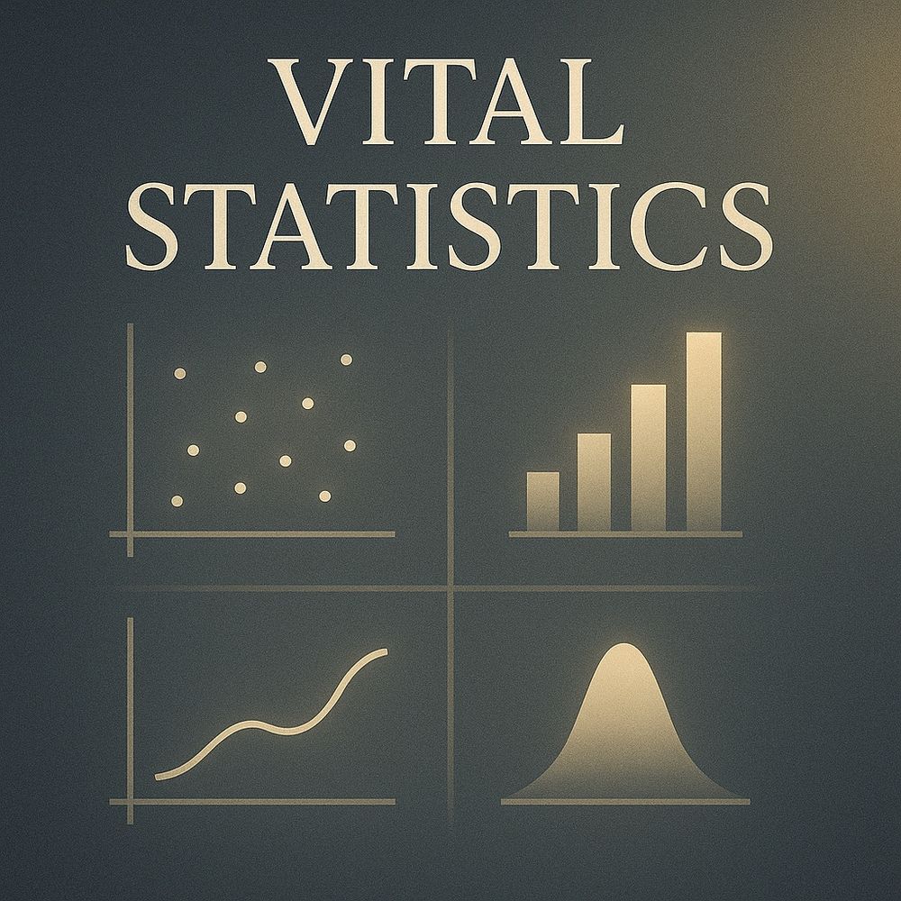 Title is “Vital Statistics”. Two by two grid of stylized statistical plots.