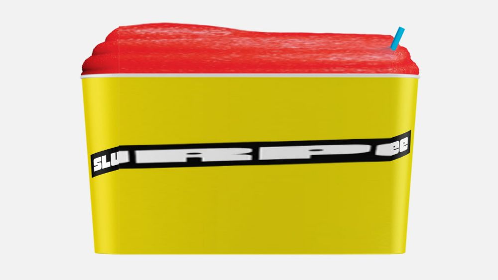 red slurpee, yellow cup, cyan straw