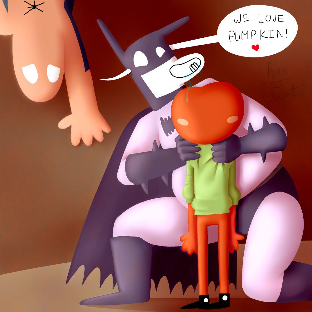 Baman hugging Pumpkin, Piderman is there too (hanging upside-down from ceiling) and he's saying "we love Pumpkin! ❤" but the text bubble is piercing Baman's head (oof, looks painful)

pose based on 'Saturn Devouring His Son' by Francisco Goya (c. 1820–1823)