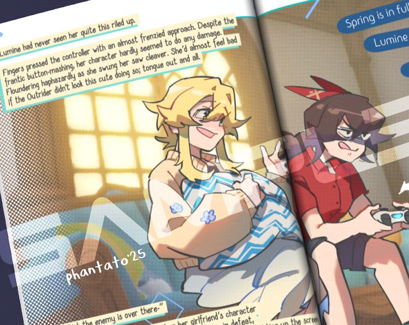 preview of a zine page. Lumine and Amber are gaming on the couch, Amber is locked in and Lumine is watching her play, amused.