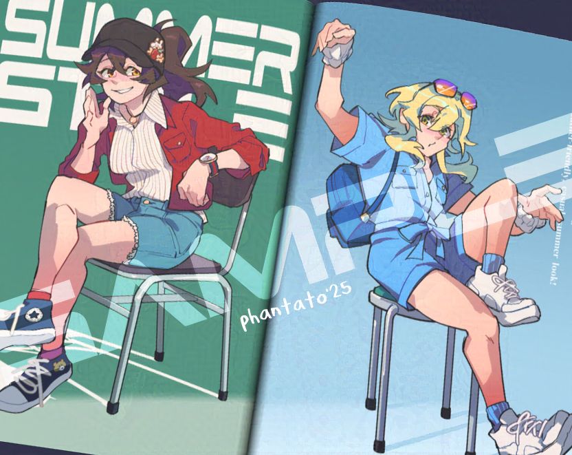 preview of a zine page. Amber and Lumine are in modern summer outfits, posing on a chair like in a fashion magazine