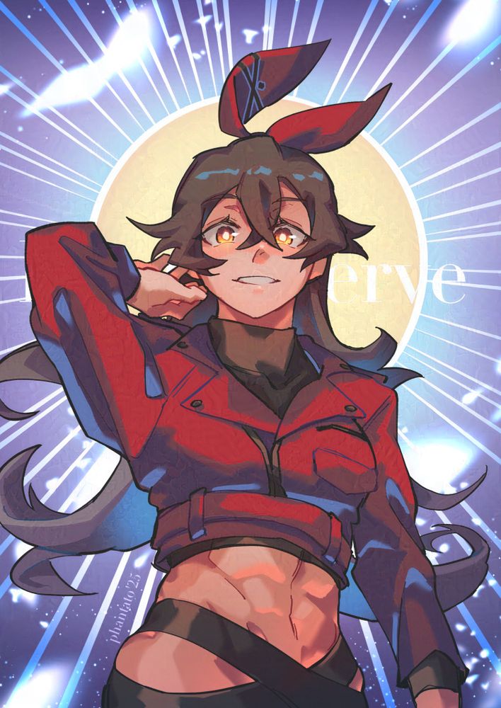Amber from Genshin Impact in a modern outfit, her abs is showing, the background is of simple lines resembling a sun but with blue colour